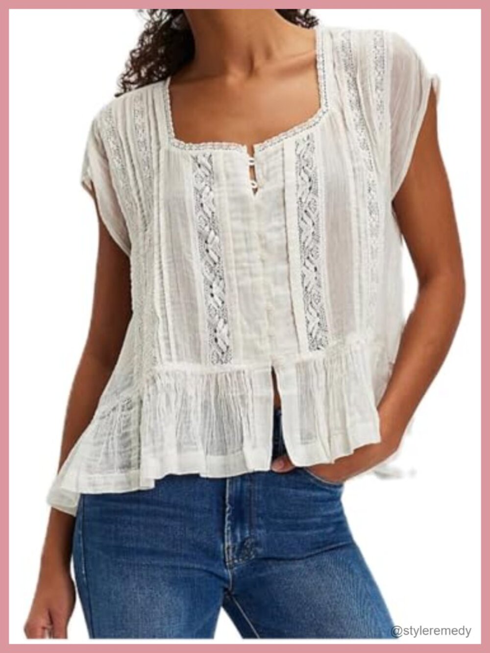 Womens Tie Front Ruffle Boho Top Sheer Lace Babydoll Blouse